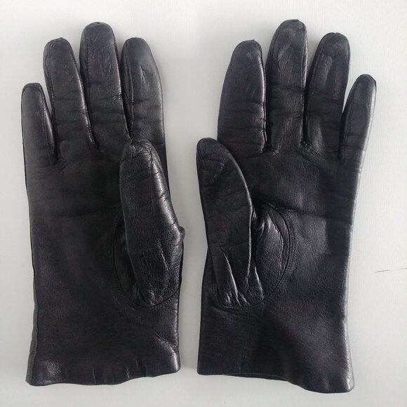 Womens black leather gloves fur lined size 6 1/2 - Picture 3 of 9